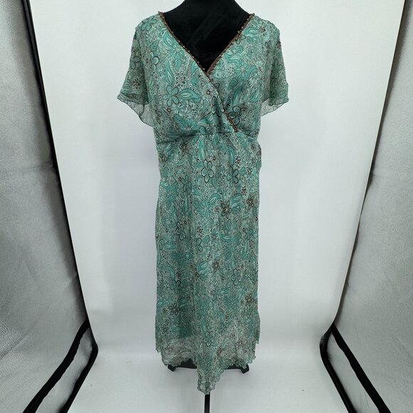 Vintage Y2K Baby Doll Dress Womens 18W Empire Waist Faux Wrap Floral Print Bead - Picture 3 of 6